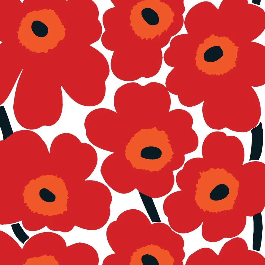 Repeating pattern of red poppy flowers with orange centers and black stamens on white background