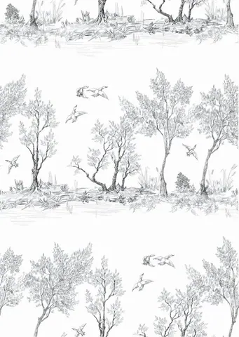 Pencil sketch of trees, flying birds, and water landscape in repeating pattern