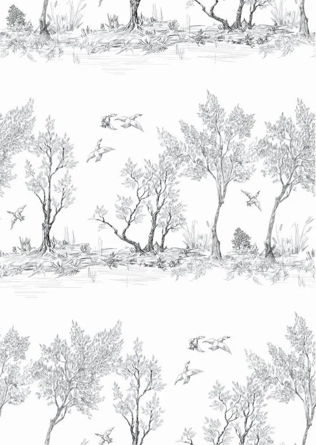 Pencil sketch of trees, flying birds, and water landscape in repeating pattern