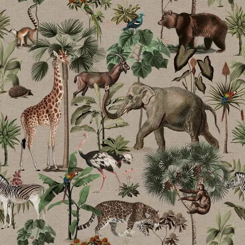 Vintage safari animals including giraffe, elephant, zebra, and leopard among tropical plants and palm trees on beige background.