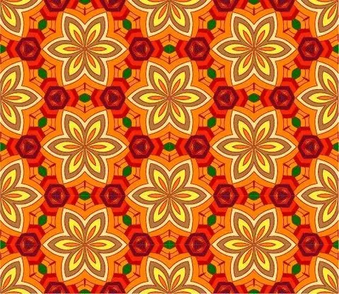 Repeating mosaic pattern with golden yellow star flowers and red geometric shapes on orange background