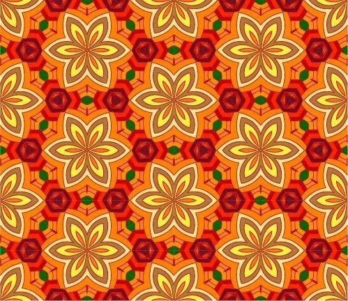 Repeating mosaic pattern with golden yellow star flowers and red geometric shapes on orange background