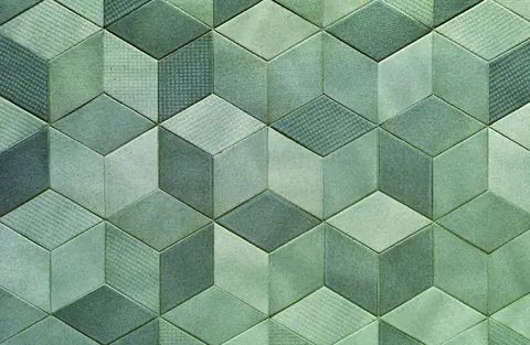3D hexagonal tile pattern in layered sage green tones with textured surfaces