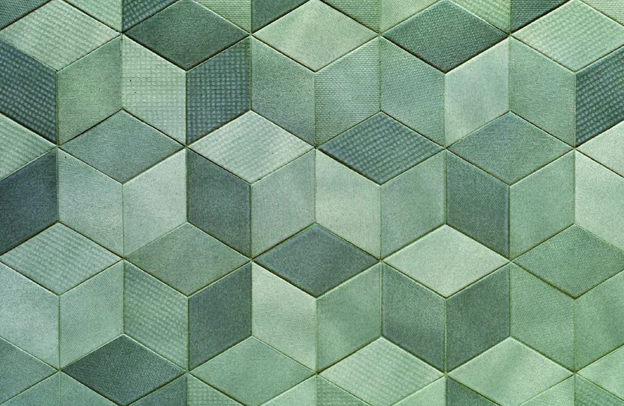 3D hexagonal tile pattern in layered sage green tones with textured surfaces