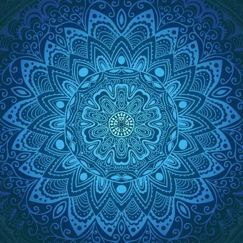 Symmetrical blue mandala with layered geometric patterns and ornamental details on a deep teal background.