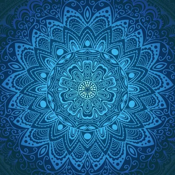 Symmetrical blue mandala with layered geometric patterns and ornamental details on a deep teal background.