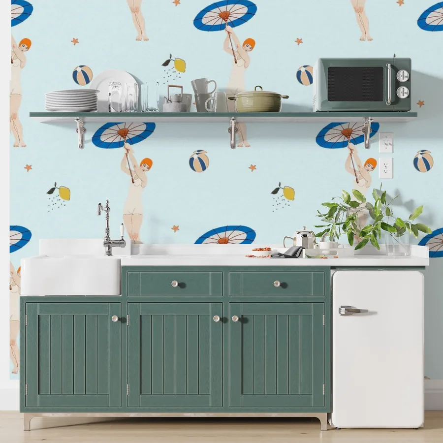 Light blue wallpaper with illustrated acrobats, beach balls, and umbrellas in a repeating retro pattern