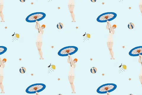 Repeating pattern of illustrated women with blue umbrellas, beach balls, and watering cans on light blue background