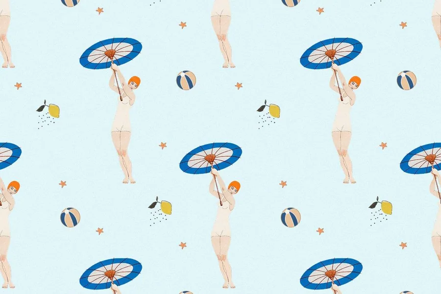 Repeating pattern of illustrated women with blue umbrellas, beach balls, and watering cans on light blue background