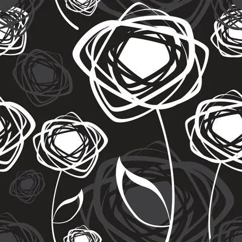 White line-drawn roses with flowing stems on dark charcoal background in repeating pattern