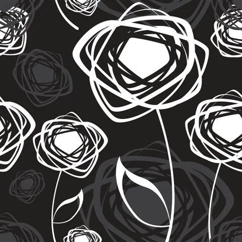 White line-drawn roses with flowing stems on dark charcoal background in repeating pattern