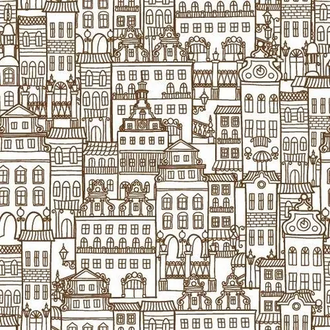 Detailed line-drawn repeating pattern of ornate buildings, towers, and city architecture in brown on white.