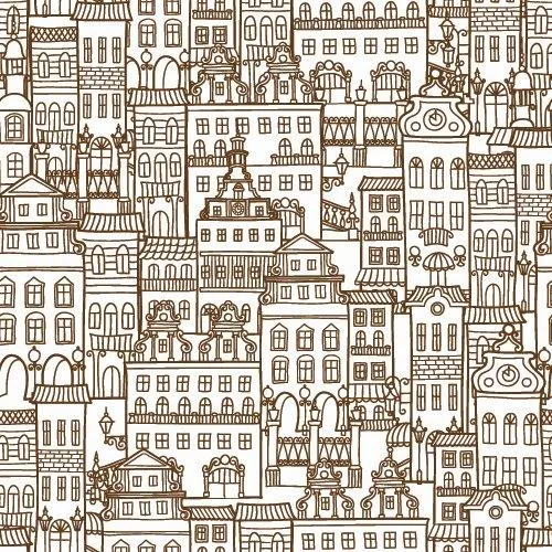 Detailed line-drawn repeating pattern of ornate buildings, towers, and city architecture in brown on white.