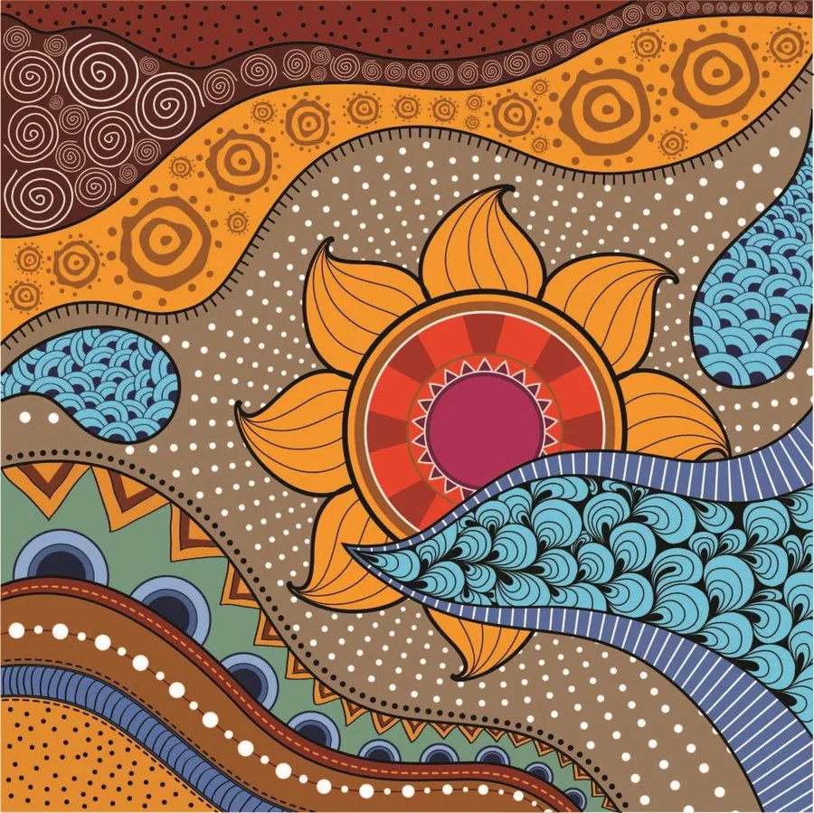 Colorful mosaic wallpaper with central golden sun, blue water patterns, and geometric tribal designs in earth tones.