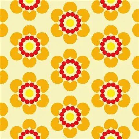 Repeating pattern of yellow and red circular flower motifs on cream background