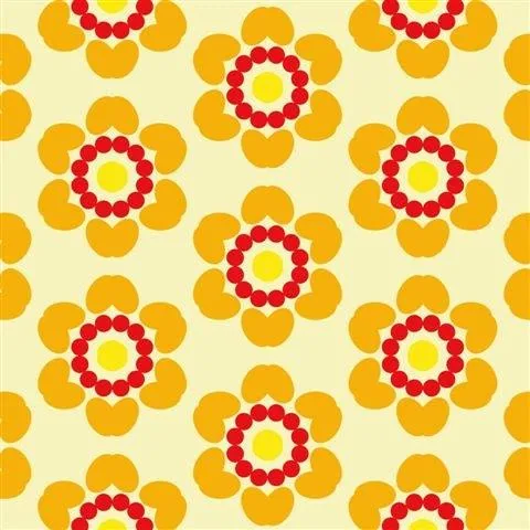 Repeating pattern of yellow and red circular flower motifs on cream background