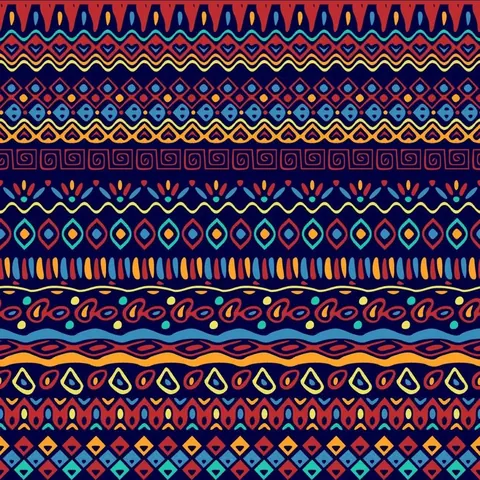 Colorful repeating tribal geometric pattern with wavy lines, diamonds, and ornamental bands in blue, red, yellow, and teal.