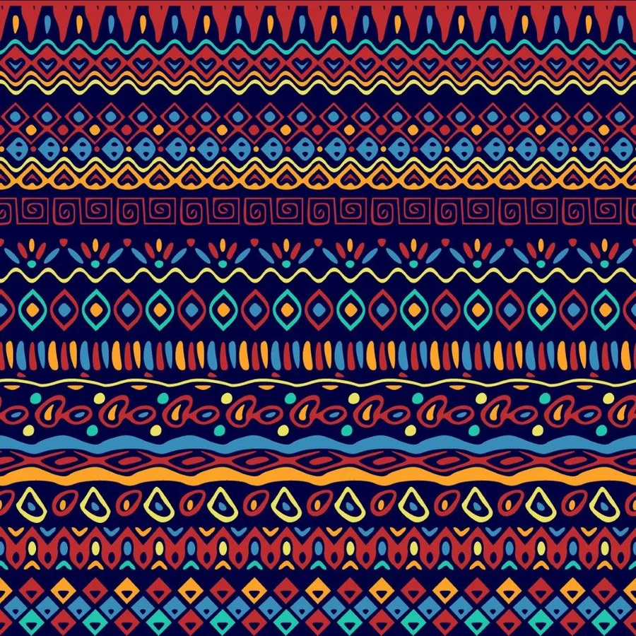 Colorful repeating tribal geometric pattern with wavy lines, diamonds, and ornamental bands in blue, red, yellow, and teal.