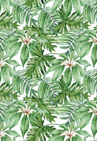 Repeating pattern of green tropical leaves and palm fronds with reddish stems on white background