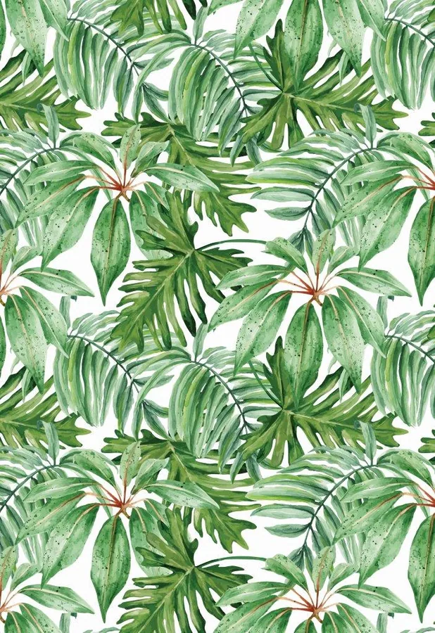 Repeating pattern of green tropical leaves and palm fronds with reddish stems on white background