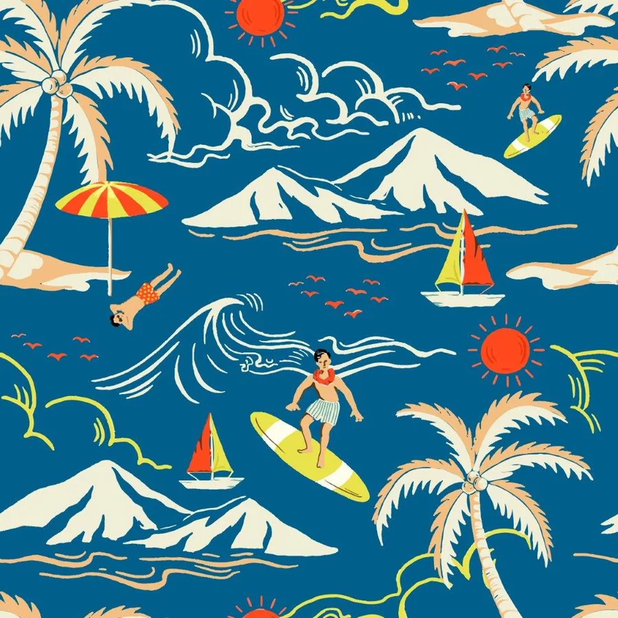 Retro tropical wallpaper pattern with surfers, palm trees, sailboats, mountains, and suns on blue background