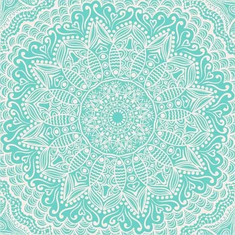 Turquoise and cream intricate mandala mosaic pattern with ornamental geometric detailing radiating from center