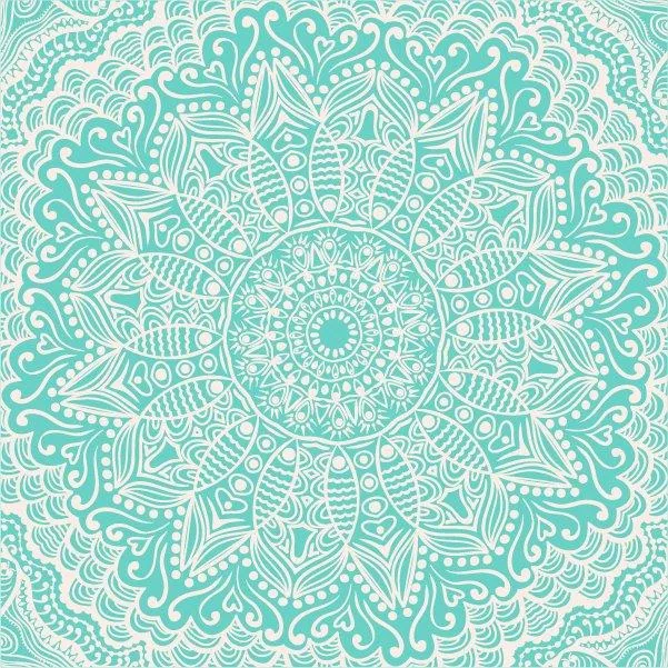 Turquoise and cream intricate mandala mosaic pattern with ornamental geometric detailing radiating from center
