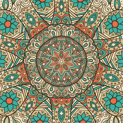 Ornate mandala wallpaper with turquoise flowers, coral swirls, and cream decorative patterns in symmetrical tile design.