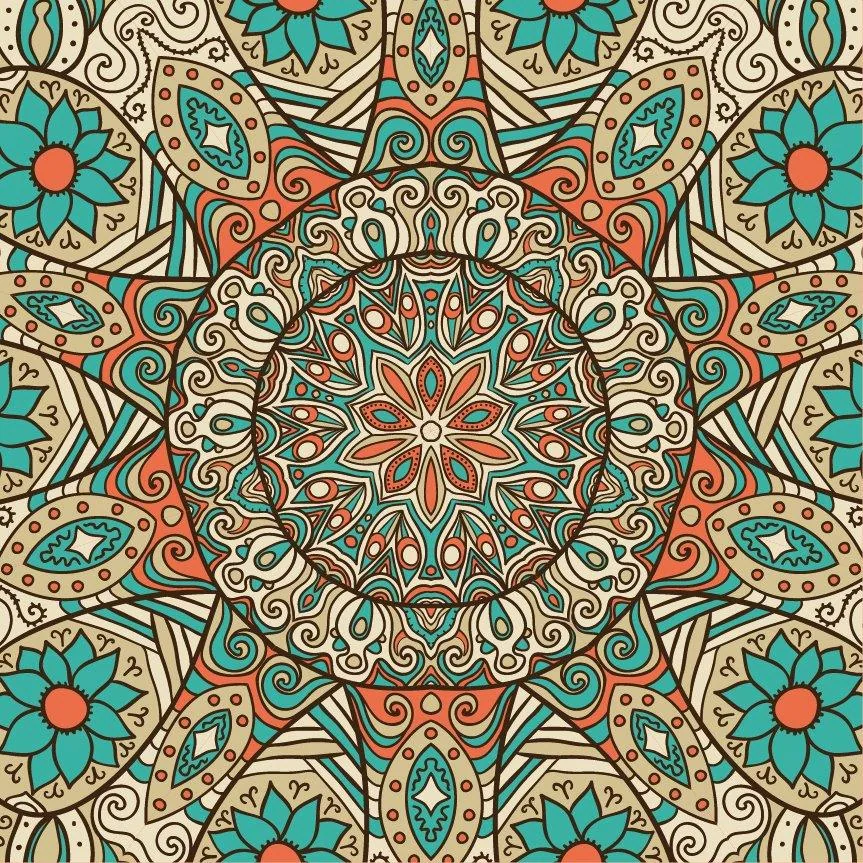 Ornate mandala wallpaper with turquoise flowers, coral swirls, and cream decorative patterns in symmetrical tile design.