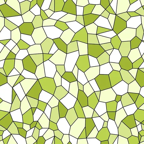 Seamless mosaic tile pattern with interlocking polygons in shades of green, yellow, and white with dark grout lines.