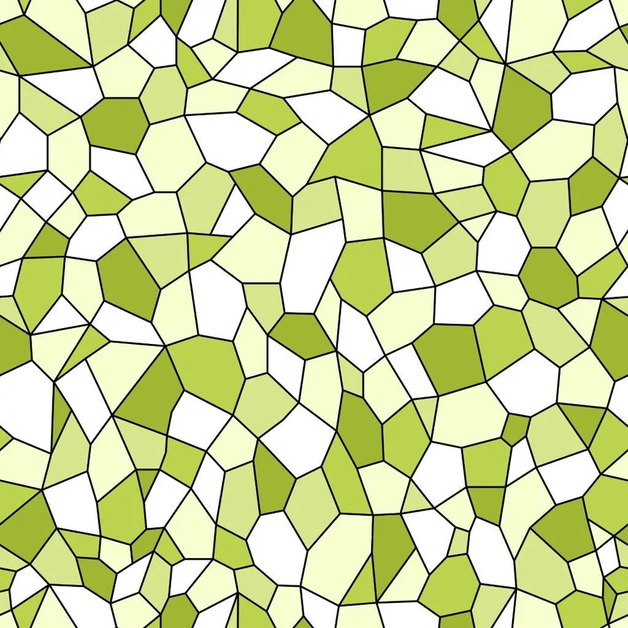 Seamless mosaic tile pattern with interlocking polygons in shades of green, yellow, and white with dark grout lines.