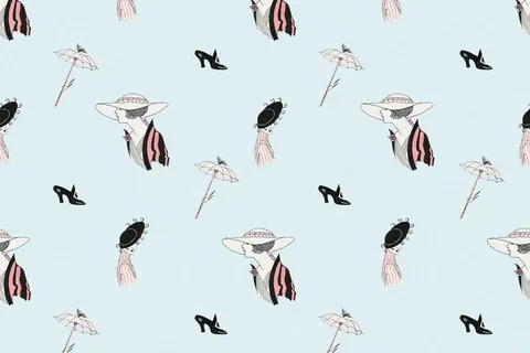 Repeating pattern of stylized figures in vintage fashion with hats, umbrellas, and heeled shoes on light blue background