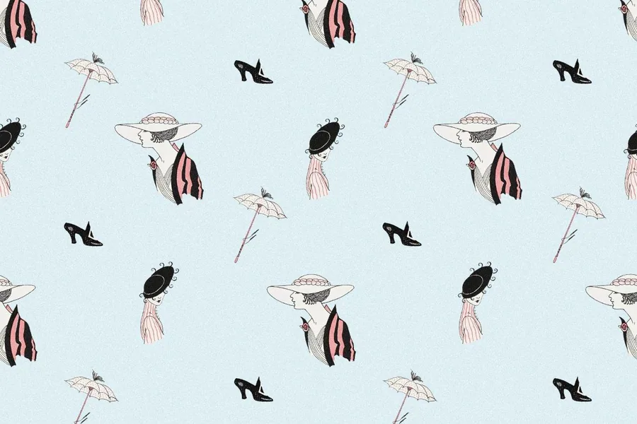 Repeating pattern of stylized figures in vintage fashion with hats, umbrellas, and heeled shoes on light blue background
