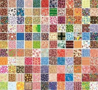 Colorful patchwork mosaic of vintage floral and geometric patterns arranged in small square tiles.