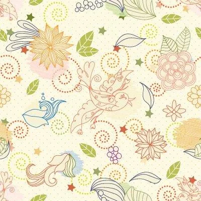 Repeating pattern of illustrated flowers, birds, leaves, and dotted swirls in pastel colors on cream background