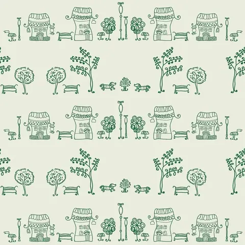 Repeating pattern of illustrated cottages, stick figures, benches, trees, and street lamps in soft green on cream background.