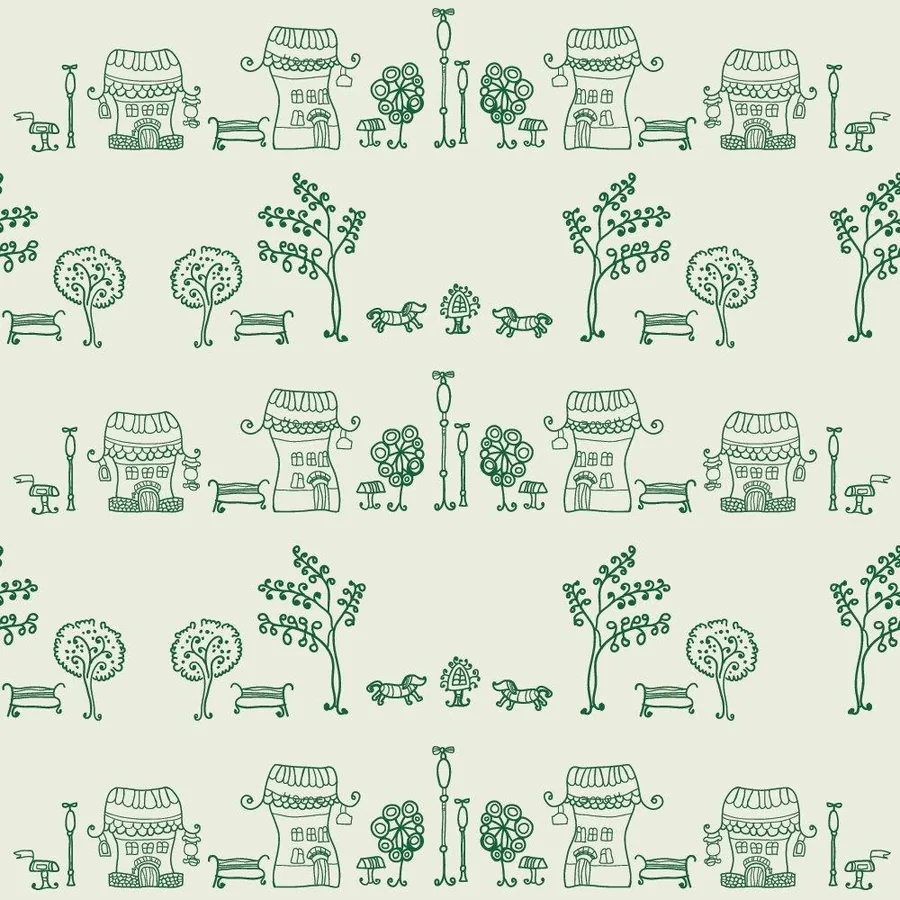 Repeating pattern of illustrated cottages, stick figures, benches, trees, and street lamps in soft green on cream background.