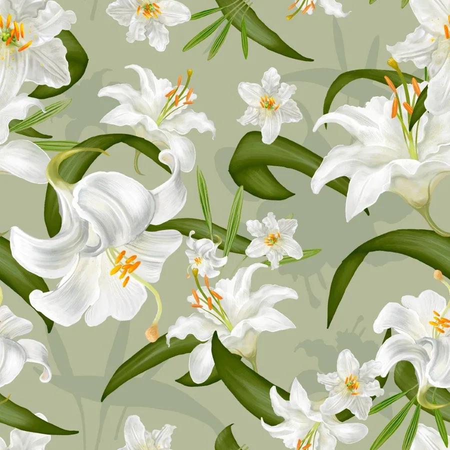 Repeating pattern of white lilies with yellow stamens and green leaves on sage green background