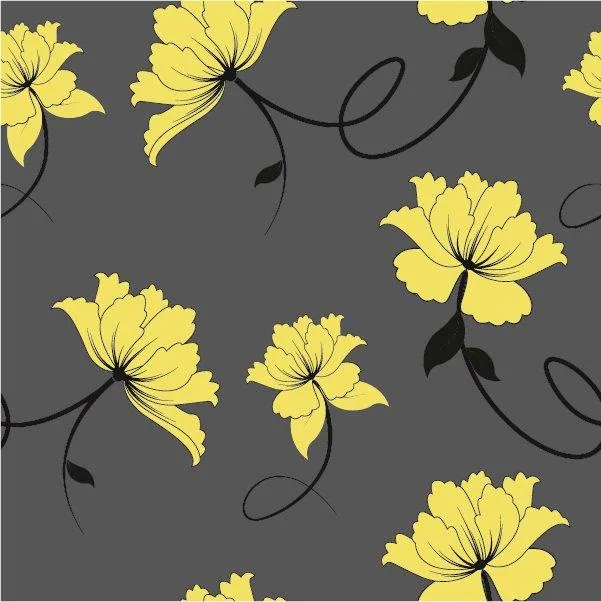 Yellow flowers with black curved stems and leaves on grey background repeating pattern
