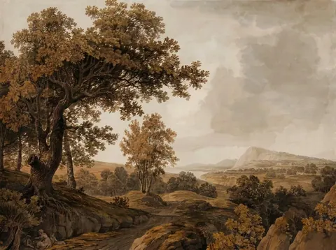 Vintage landscape with ancient oak tree, rolling hills, and mountain vista in warm earth tones