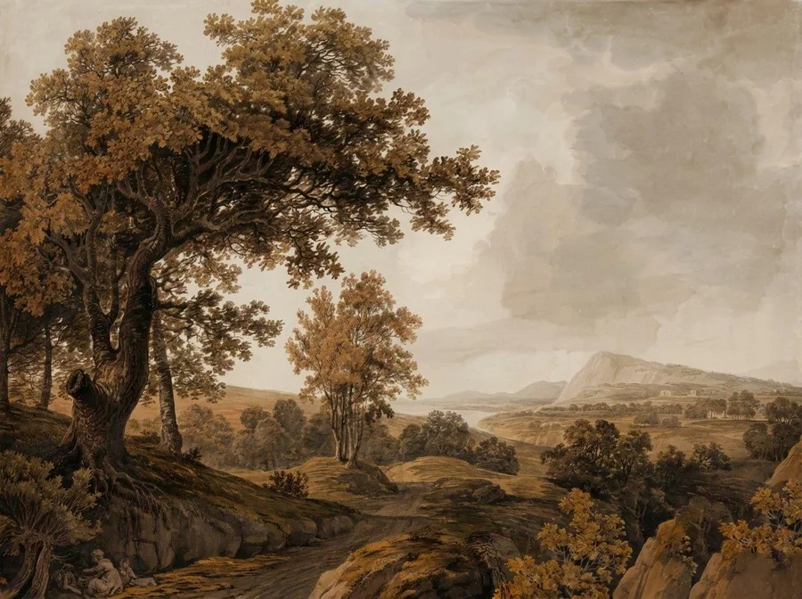 Vintage landscape with ancient oak tree, rolling hills, and mountain vista in warm earth tones