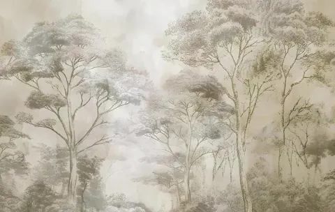 Soft misty forest with tall slender trees in muted greens and whites, fading into atmospheric fog.