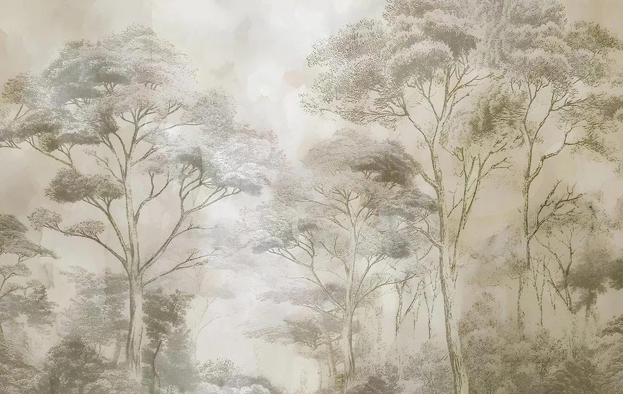 Soft misty forest with tall slender trees in muted greens and whites, fading into atmospheric fog.