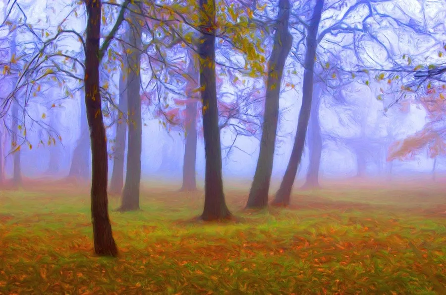 Misty forest with tall trees, purple-blue fog, and golden autumn leaves carpeting the ground.