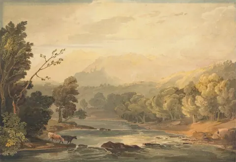 Vintage landscape mural with river, trees, and distant mountains in sepia and gold tones