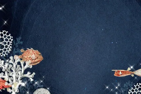 Underwater mural with orange and white coral branches and spotted fish on deep blue background