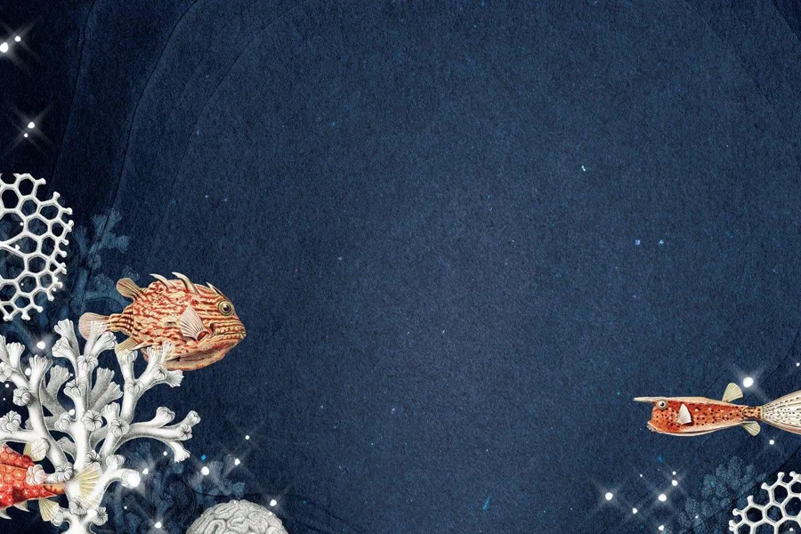 Underwater mural with orange and white coral branches and spotted fish on deep blue background