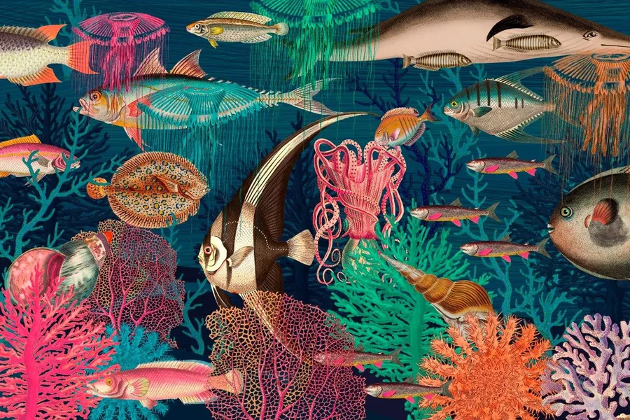 Colorful underwater mural featuring illustrated fish, corals, and sea life in pink, teal, and orange against a deep blue background.