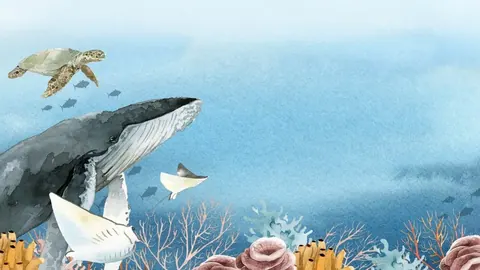 Watercolor illustration of a whale and sea turtle in blue ocean with coral and small fish