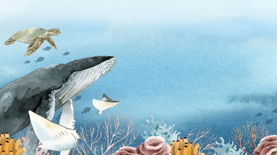 Watercolor illustration of a whale and sea turtle in blue ocean with coral and small fish